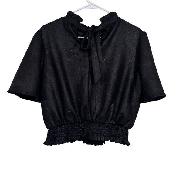 Voy Faux Suede Ruffle Short Sleeve Tie Back Shimmer Top - Picture 2 of 5